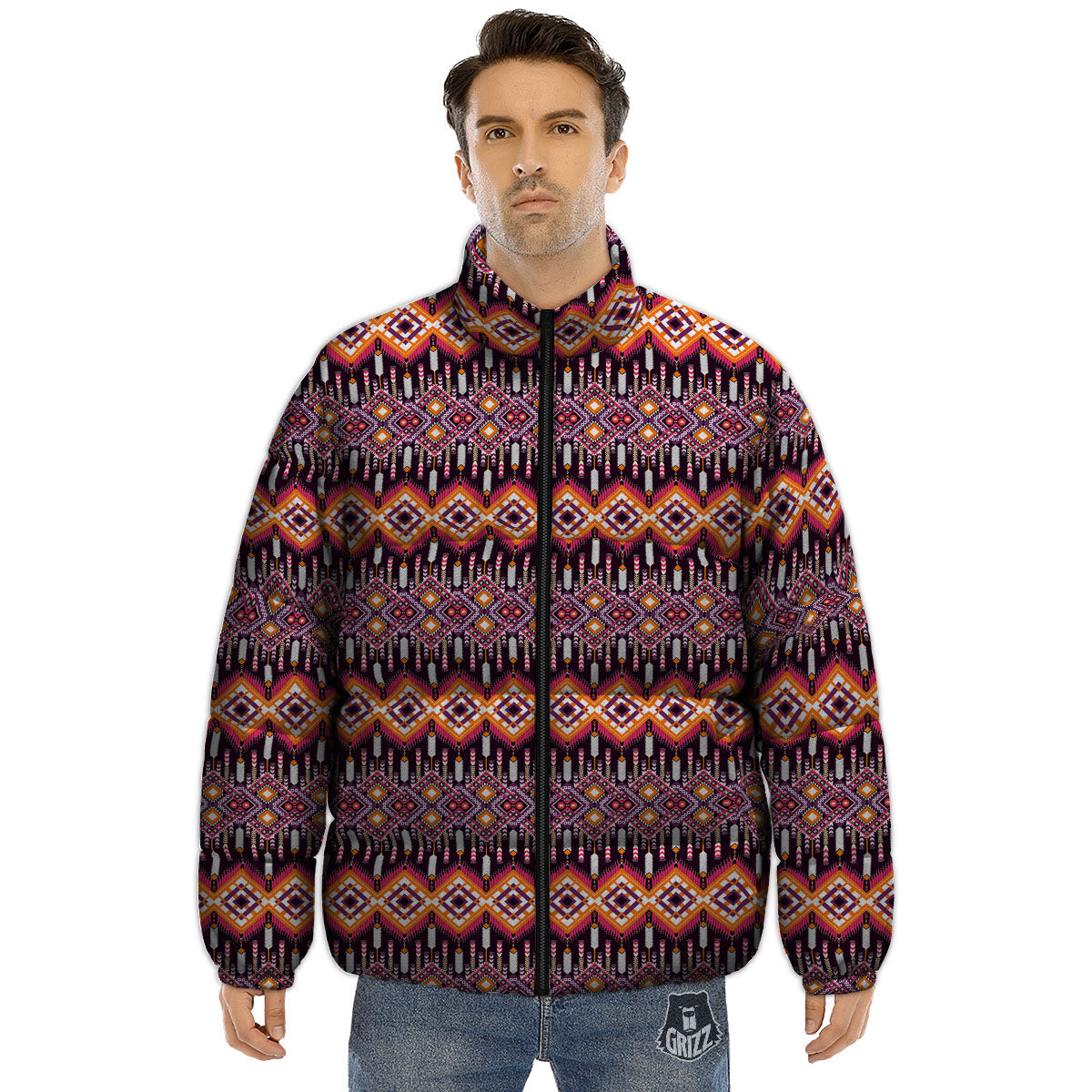 African Dashiki Black And Purple Print Puffer Jacket-grizzshop