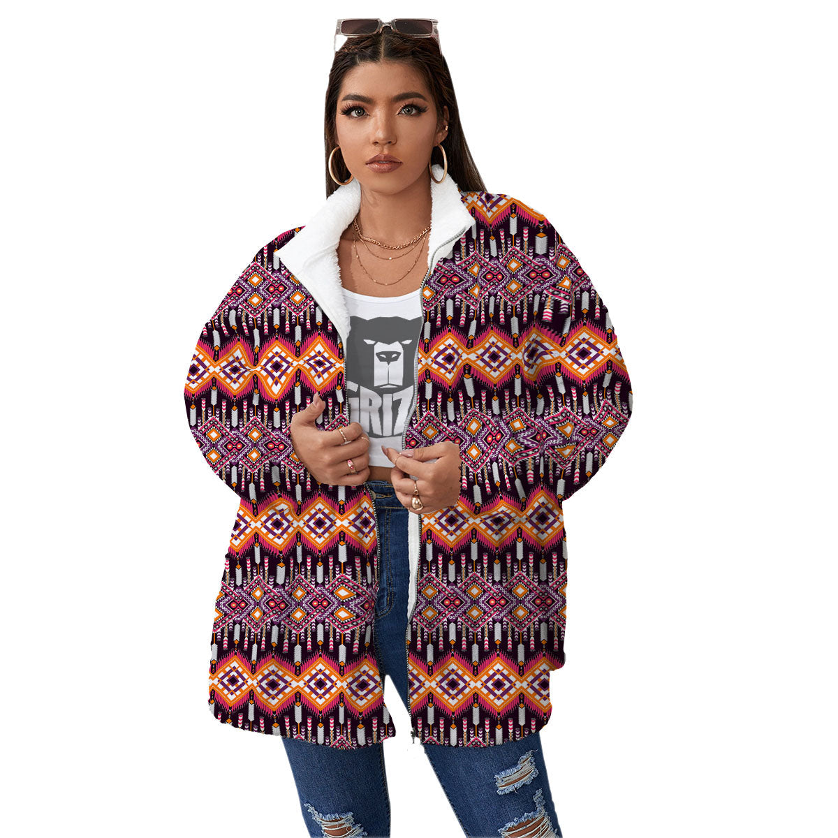 African Dashiki Black And Purple Print Women's Sherpa Jacket-grizzshop