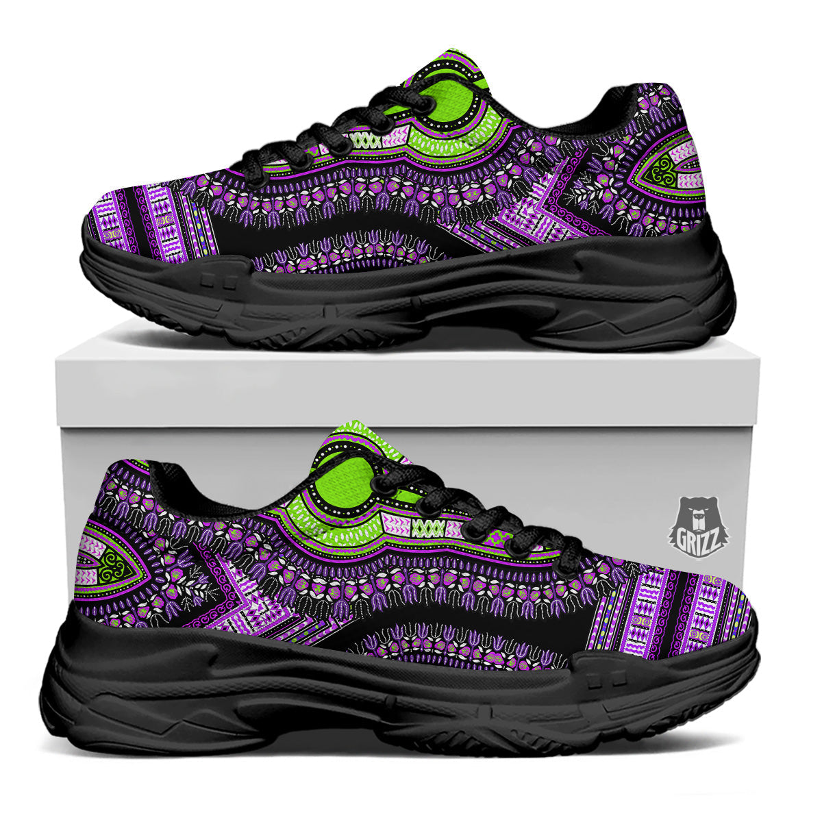 African Dashiki Purple And Black Print Black Chunky Shoes-grizzshop