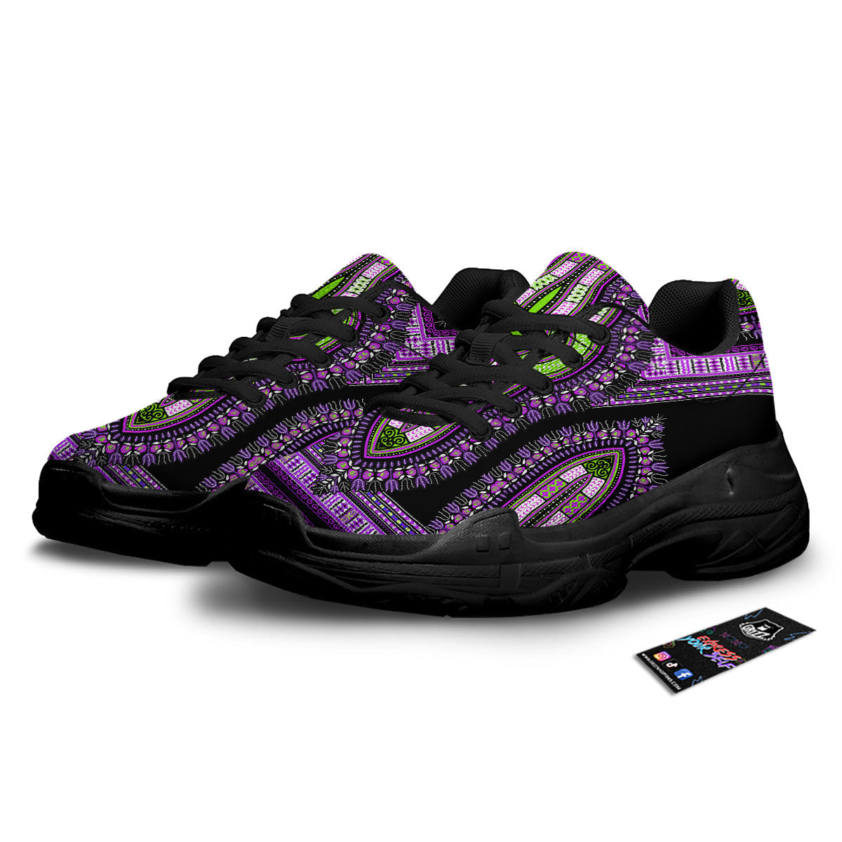 African Dashiki Purple And Black Print Black Chunky Shoes-grizzshop