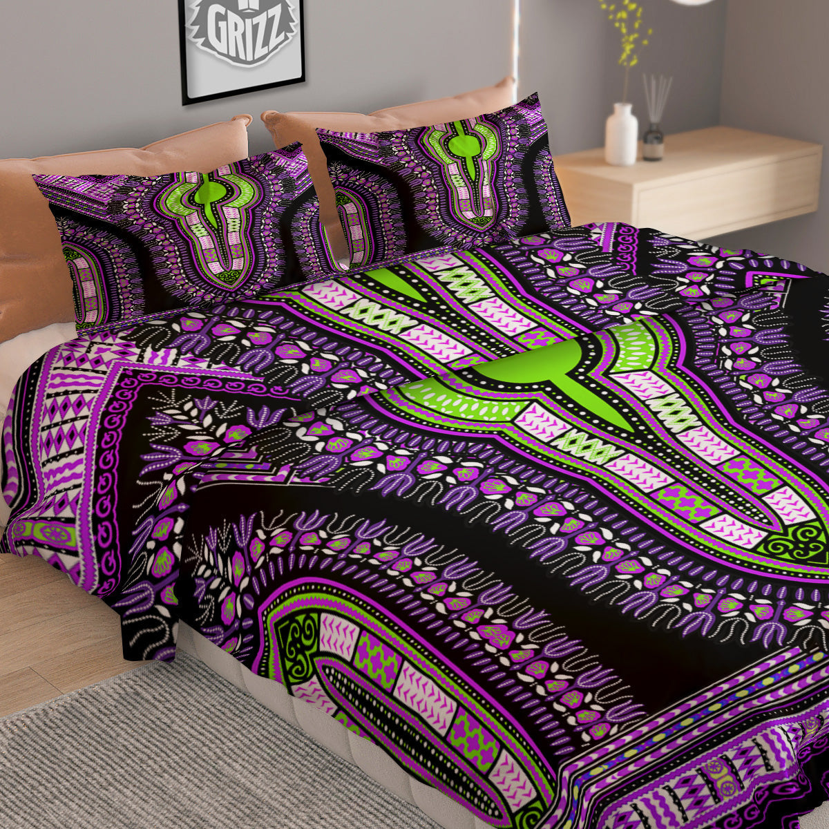 African Dashiki Purple And Black Print Duvet Cover Bedding Set