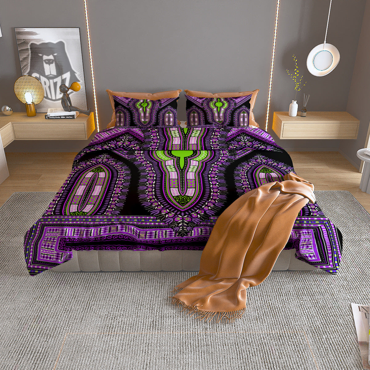 African Dashiki Purple And Black Print Duvet Cover Bedding Set