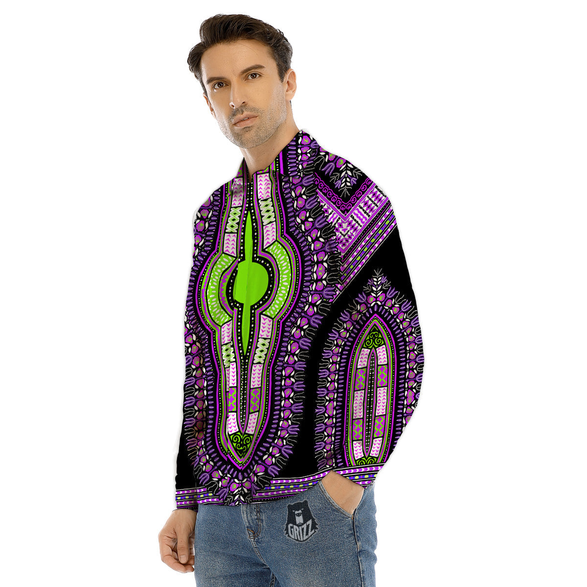 African Dashiki Purple And Black Print Men's Dress Shirts-grizzshop