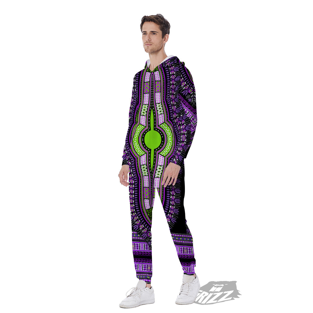 African Dashiki Purple And Black Print Men's Jumpsuit-grizzshop