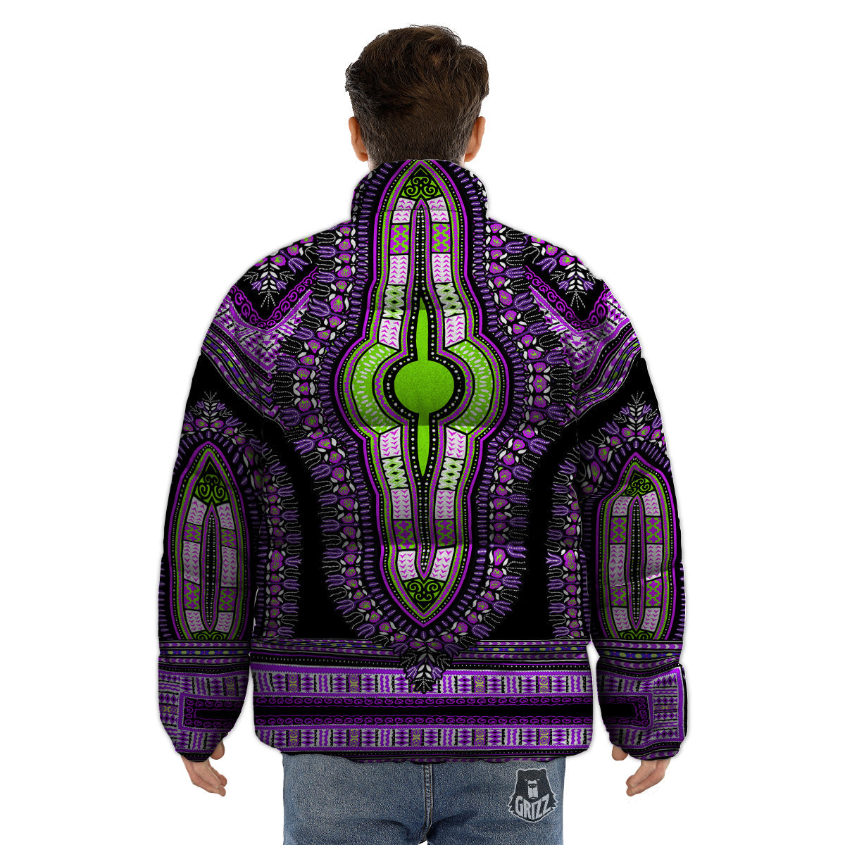 African Dashiki Purple And Black Print Puffer Jacket-grizzshop