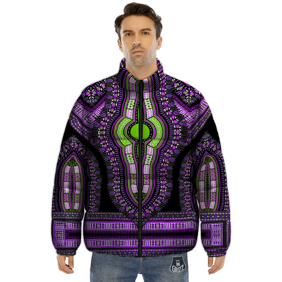 African Dashiki Purple And Black Print Puffer Jacket-grizzshop