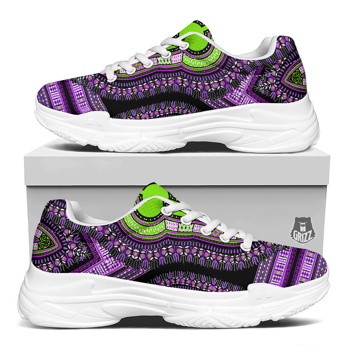 African Dashiki Purple And Black Print White Chunky Shoes-grizzshop