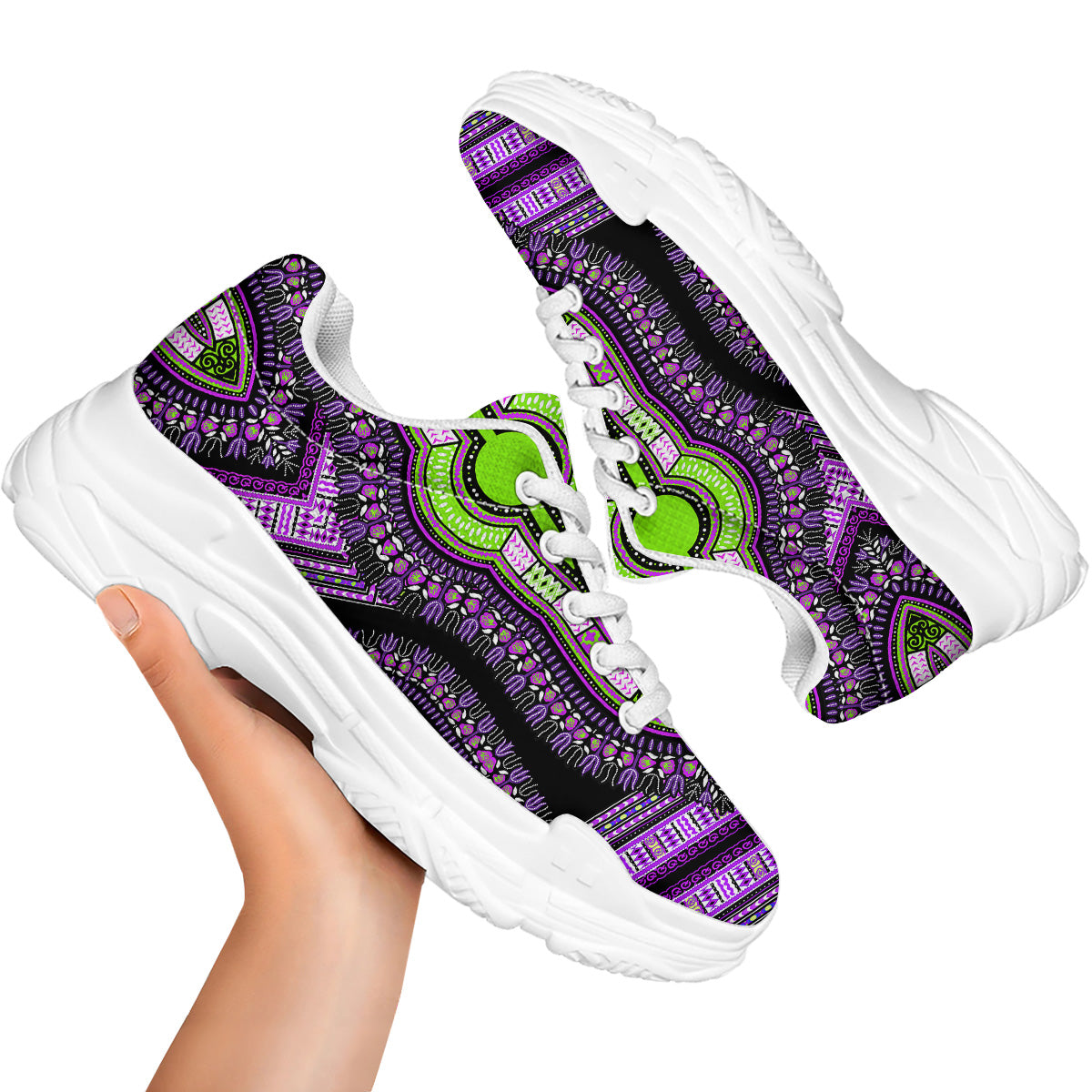 African Dashiki Purple And Black Print White Chunky Shoes-grizzshop