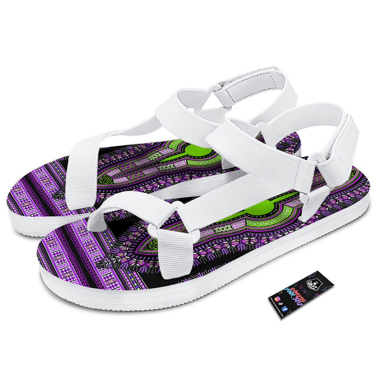 African Dashiki Purple And Black Print White Open Toe Sandals-grizzshop