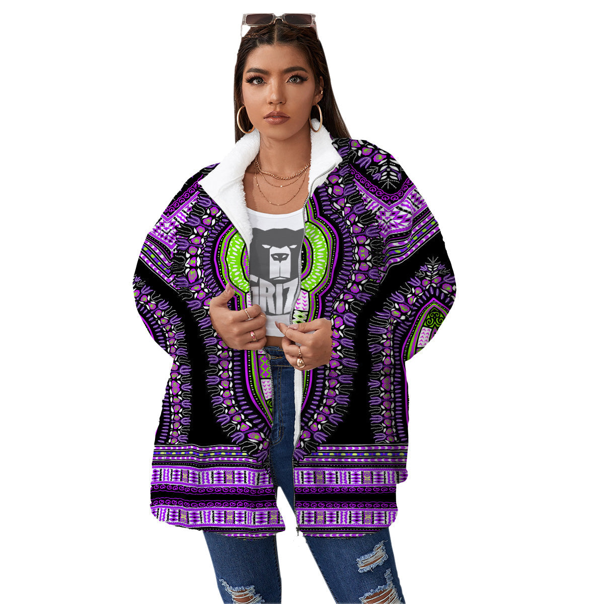African Dashiki Purple And Black Print Women's Sherpa Jacket-grizzshop