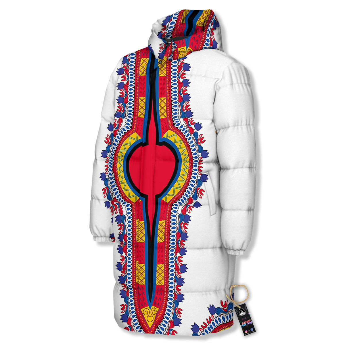 African Dashiki White And Red Print Long Down Jacket-grizzshop