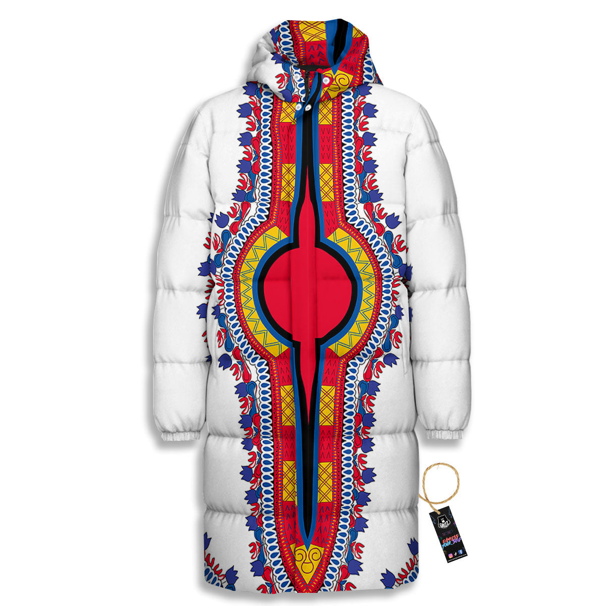 African Dashiki White And Red Print Long Down Jacket-grizzshop