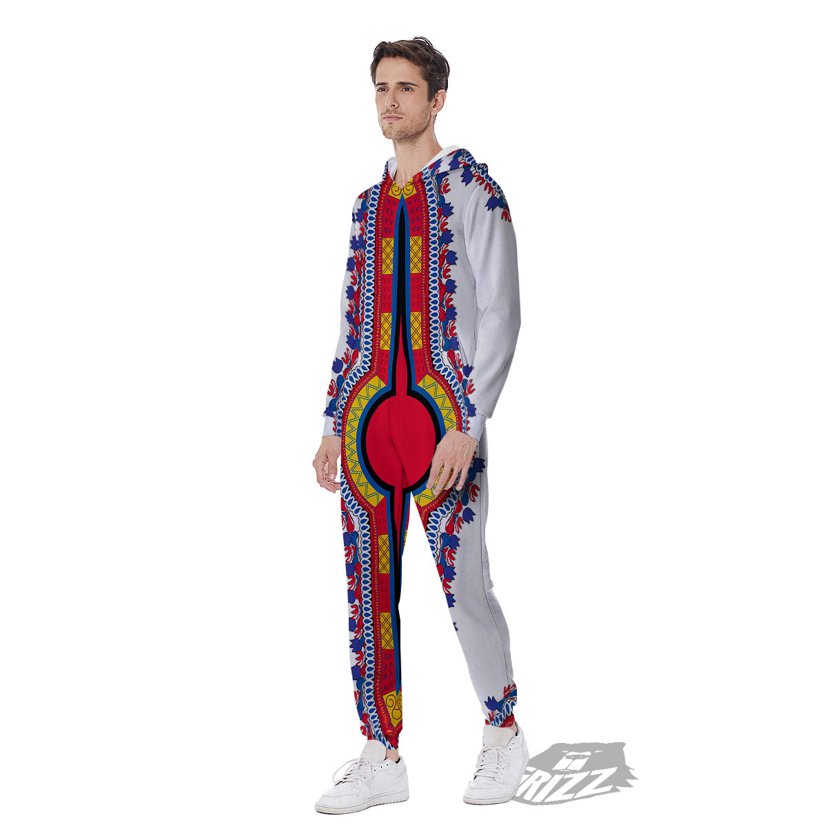African Dashiki White And Red Print Men's Jumpsuit-grizzshop