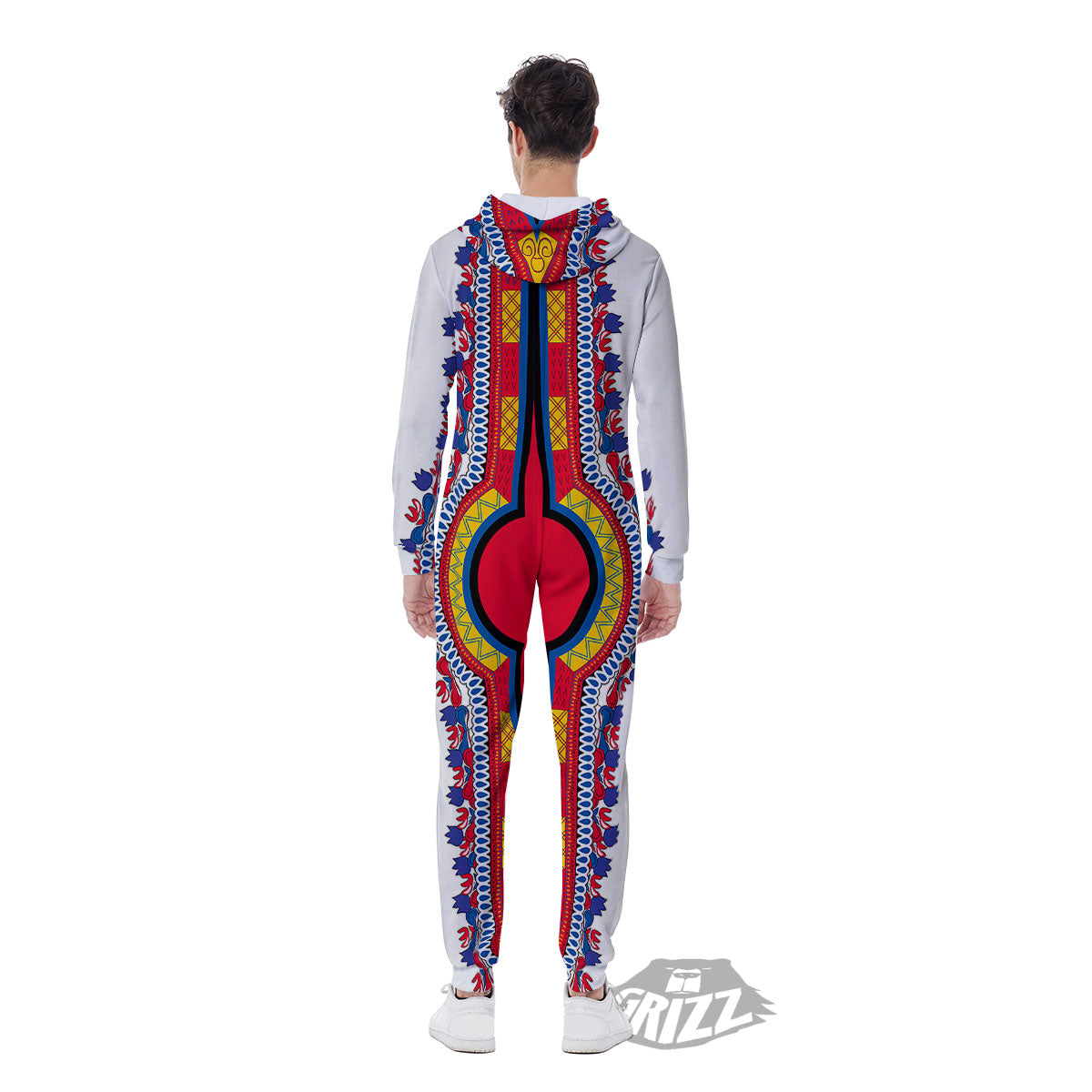 African Dashiki White And Red Print Men's Jumpsuit-grizzshop