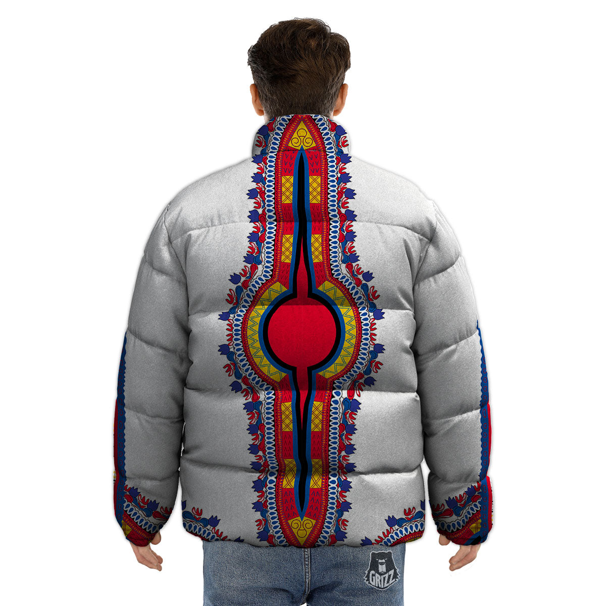 African Dashiki White And Red Print Puffer Jacket-grizzshop