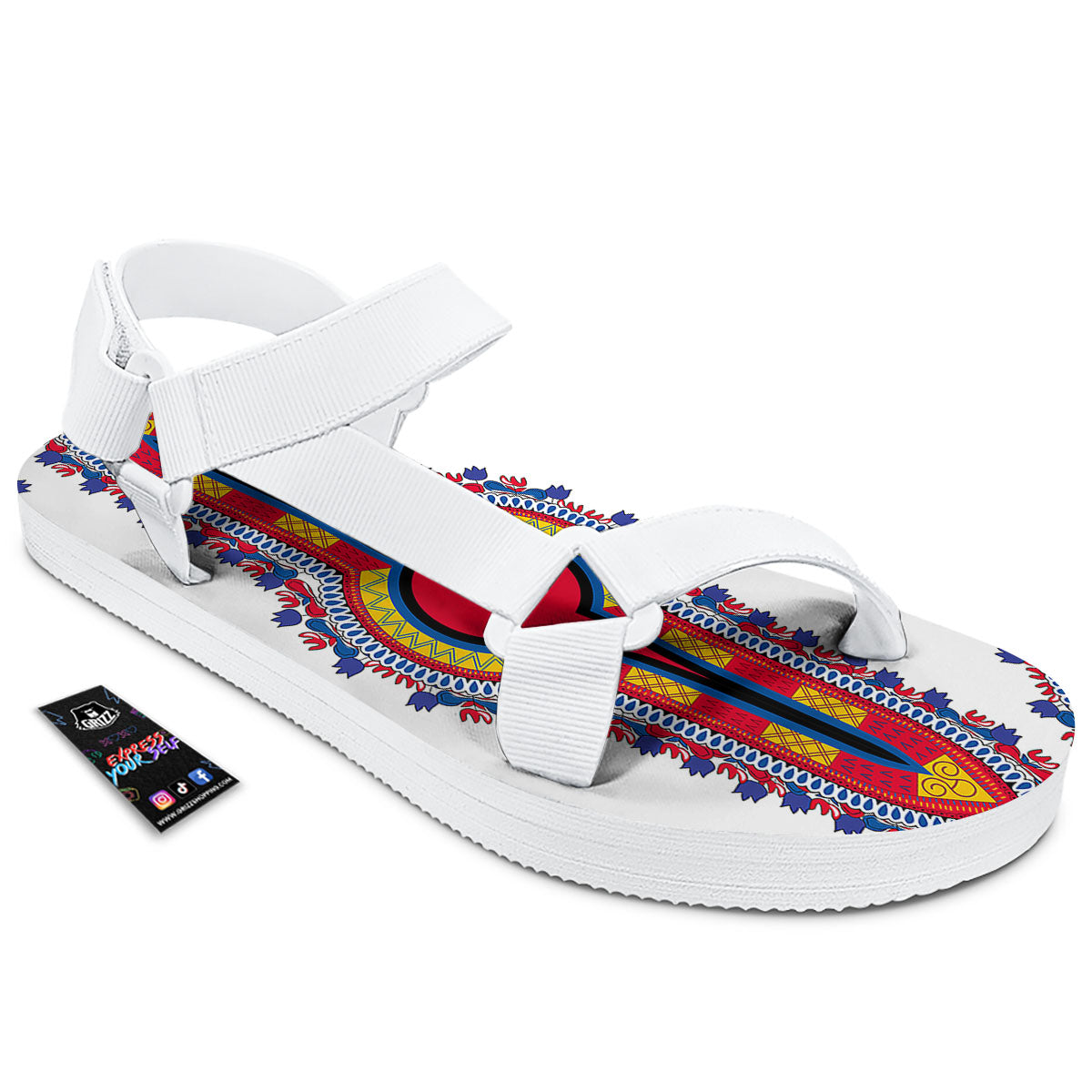 African Dashiki White And Red Print White Open Toe Sandals-grizzshop