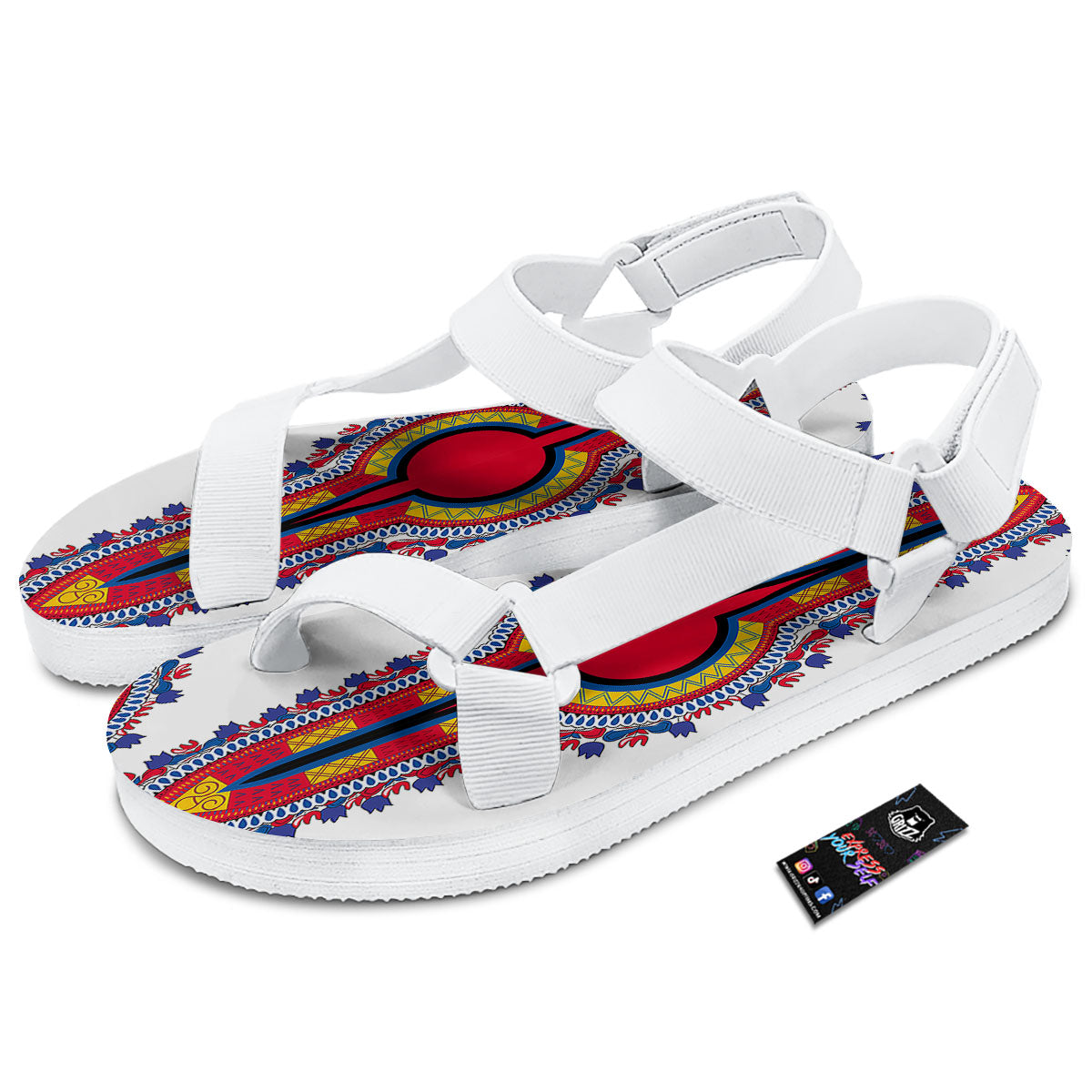 African Dashiki White And Red Print White Open Toe Sandals-grizzshop