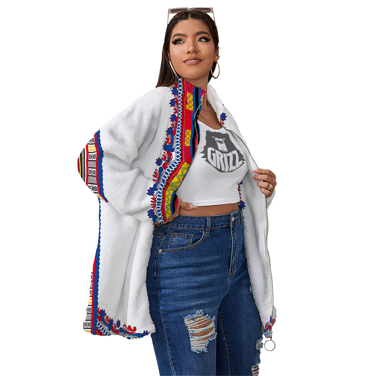 African Dashiki White And Red Print Women's Sherpa Jacket-grizzshop