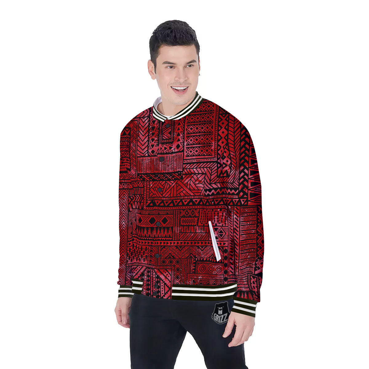 African Ethnic Black And Red Print Baseball Jacket-grizzshop