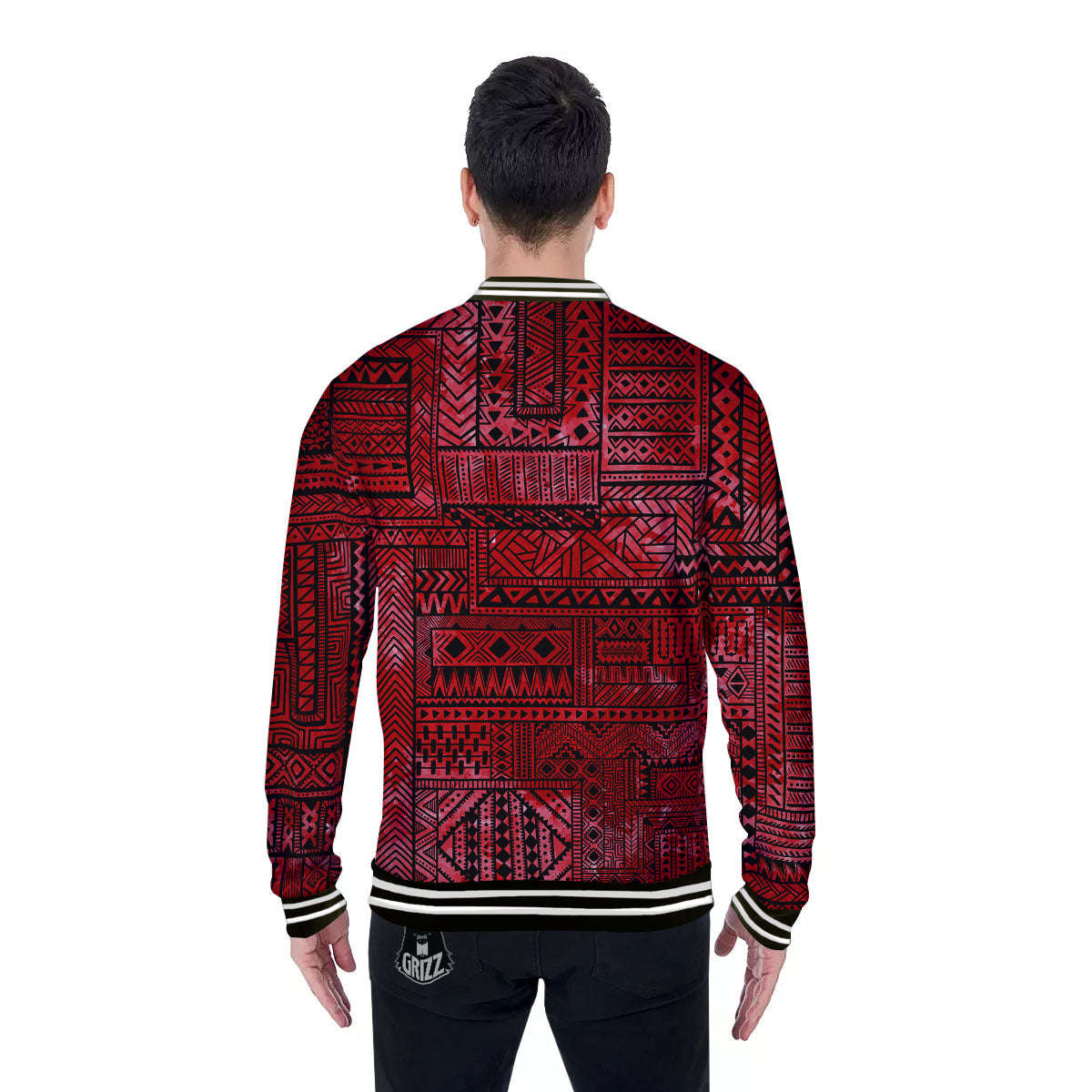 African Ethnic Black And Red Print Baseball Jacket-grizzshop