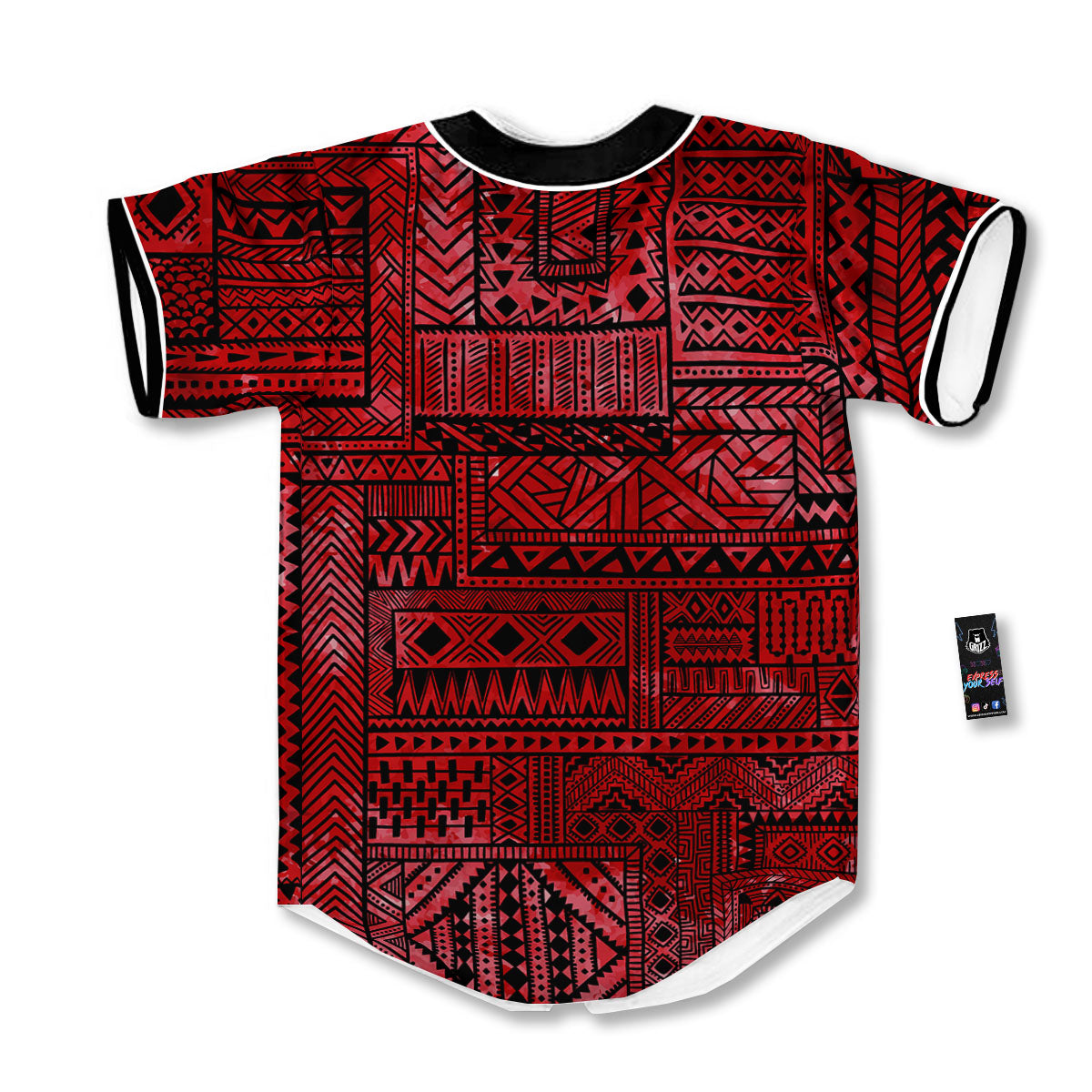 African Ethnic Black And Red Print Baseball Jersey-grizzshop