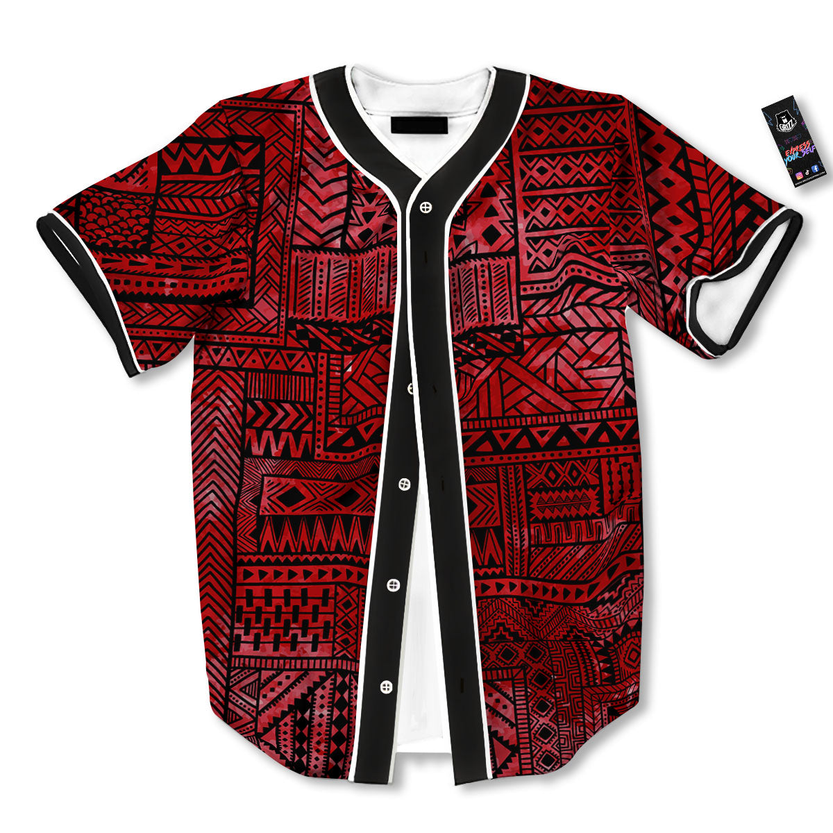 African Ethnic Black And Red Print Baseball Jersey-grizzshop