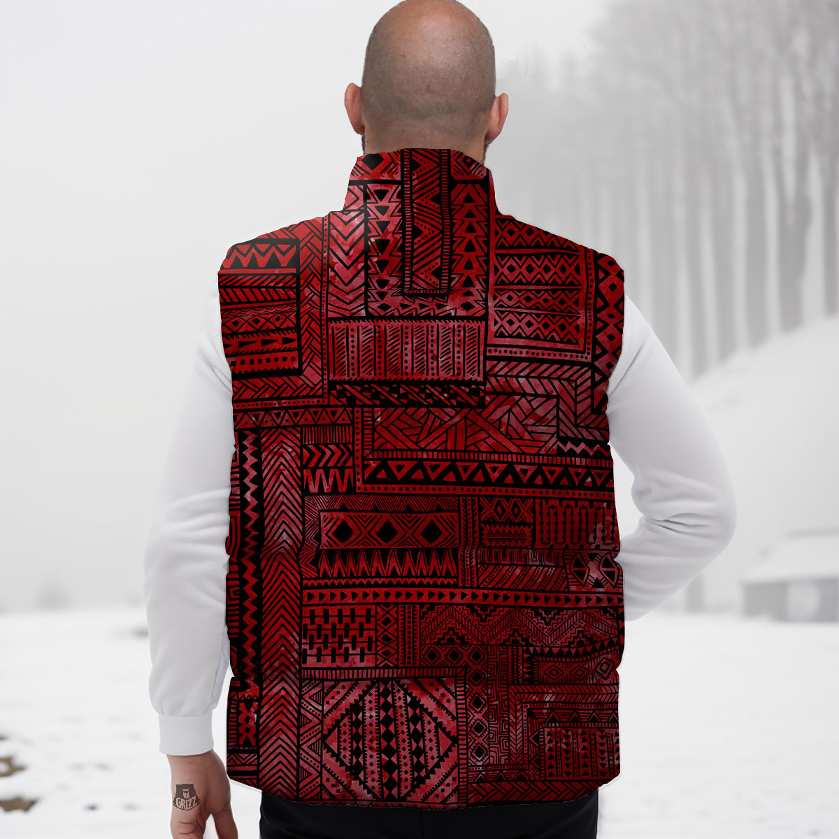 African Ethnic Black And Red Print Down Vest