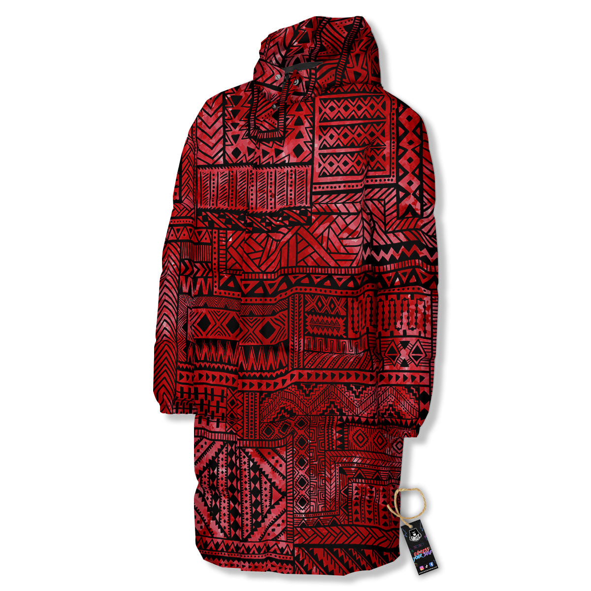 African Ethnic Black And Red Print Long Down Jacket-grizzshop