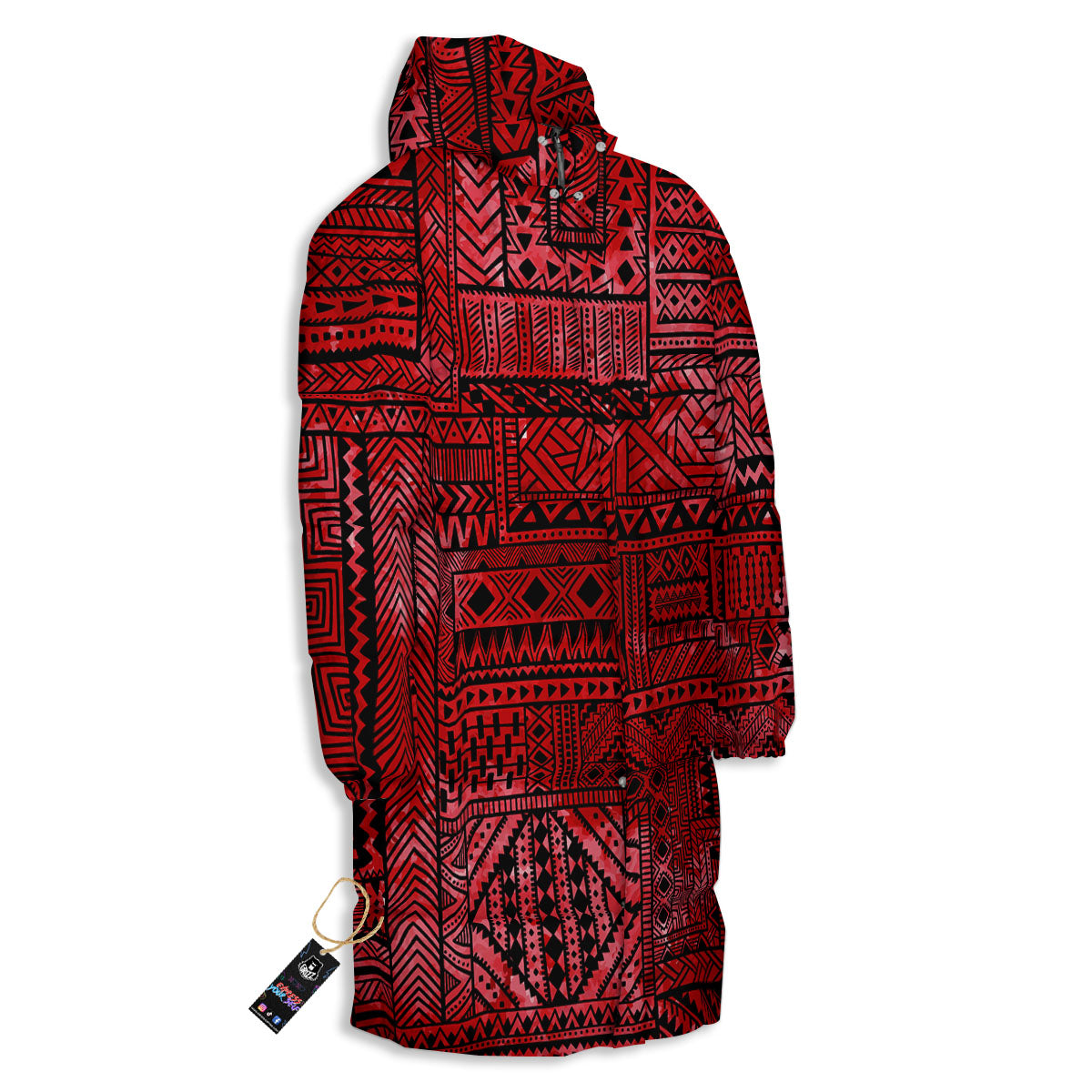 African Ethnic Black And Red Print Long Down Jacket-grizzshop