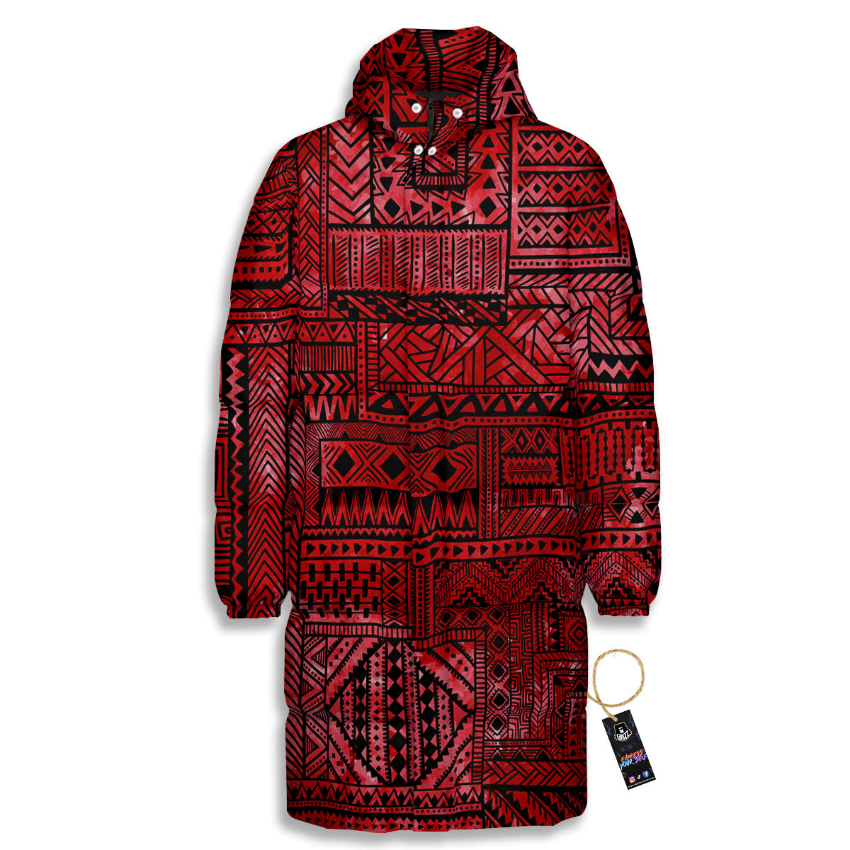 African Ethnic Black And Red Print Long Down Jacket-grizzshop