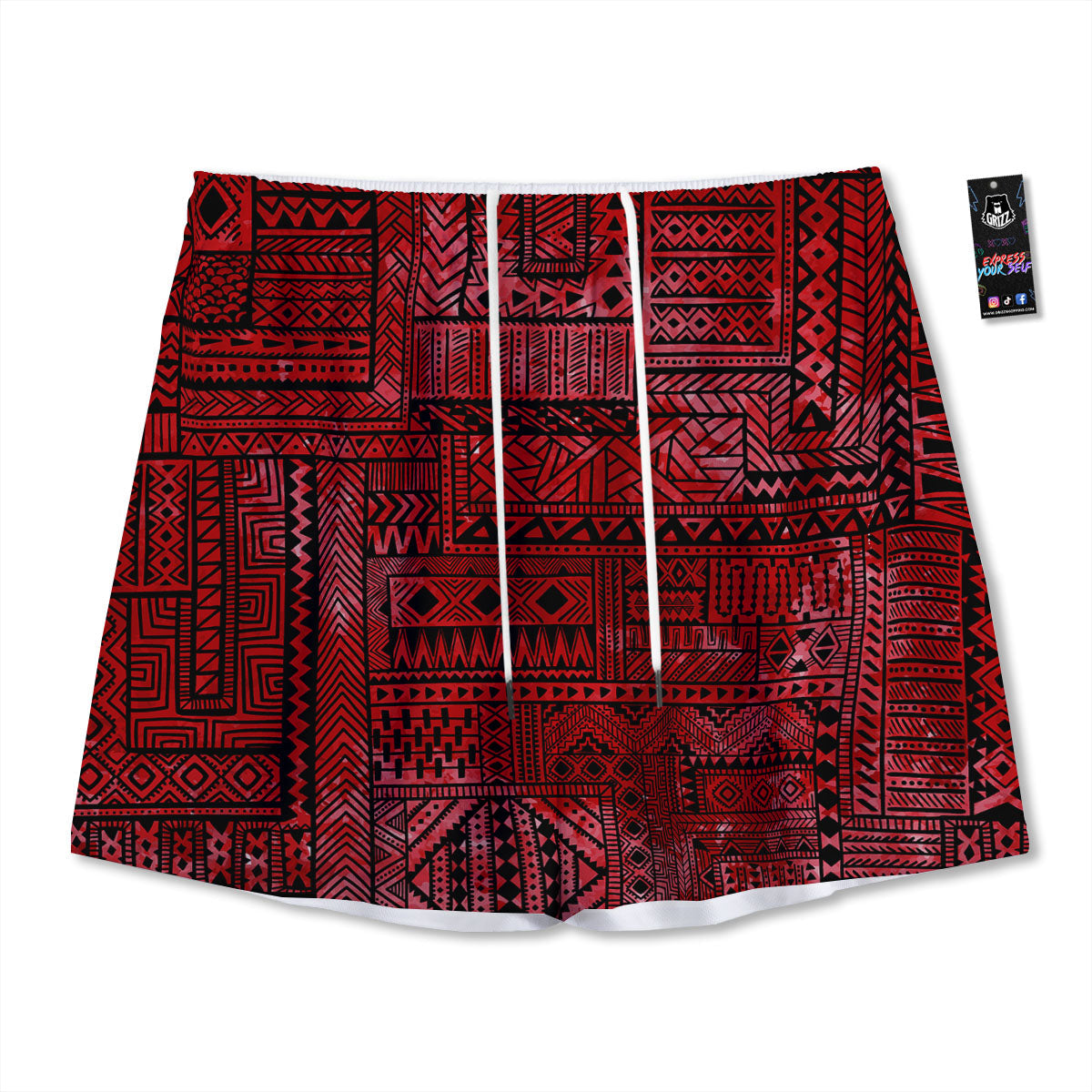 African Ethnic Black And Red Print Mesh Shorts