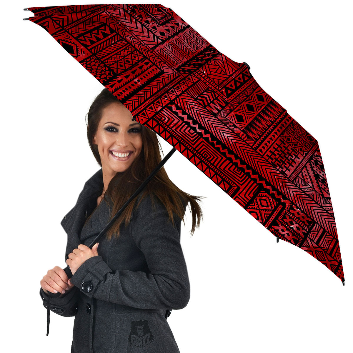 African Ethnic Black And Red Print Umbrella-grizzshop