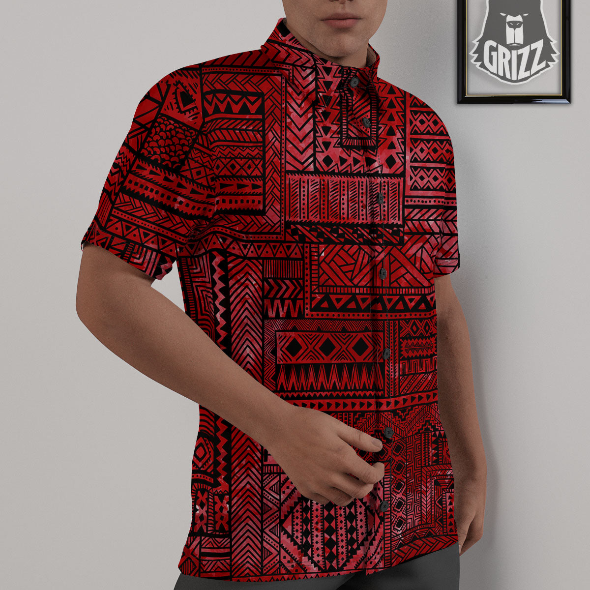 African Ethnic Black And Red Print Untucked Shirts-grizzshop