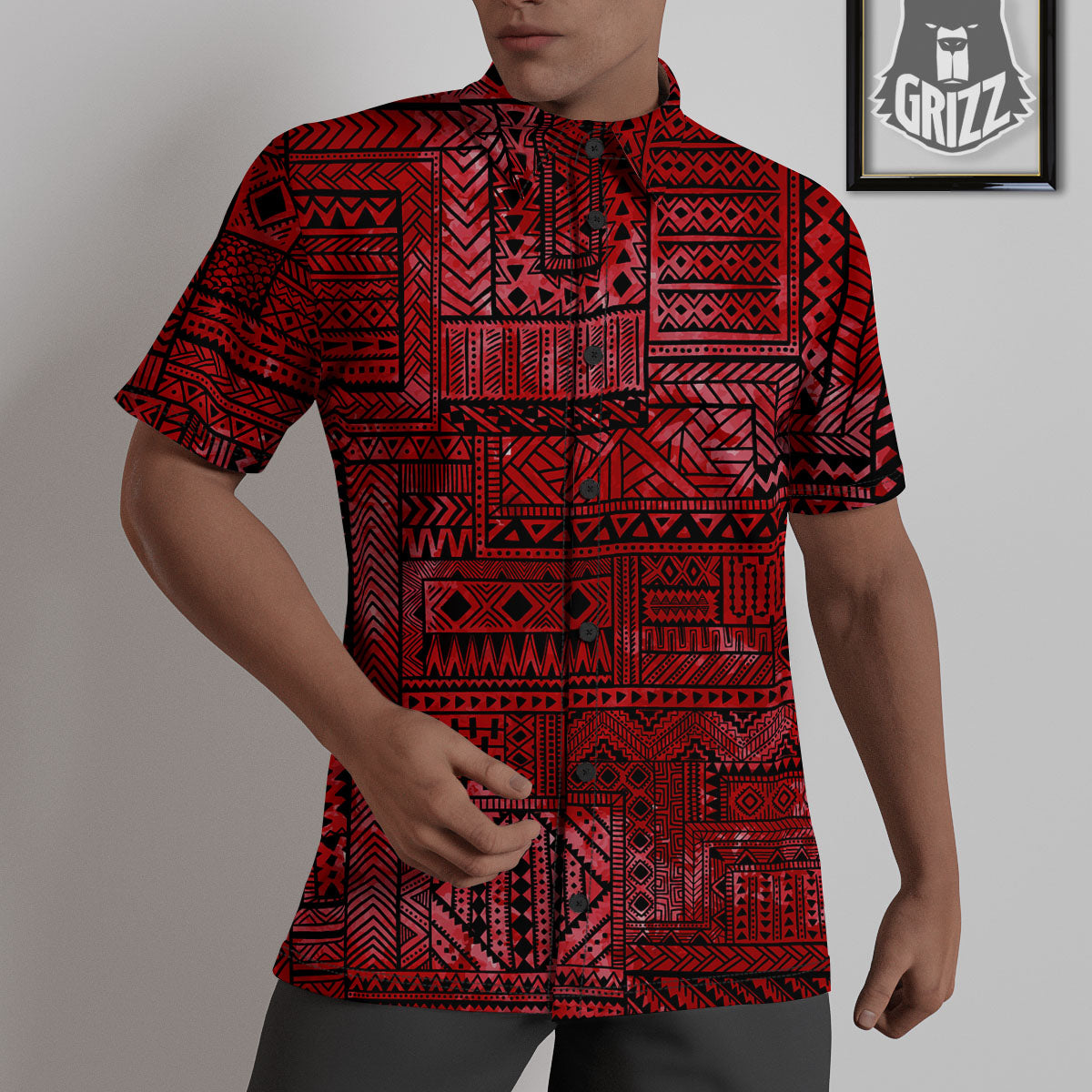 African Ethnic Black And Red Print Untucked Shirts-grizzshop