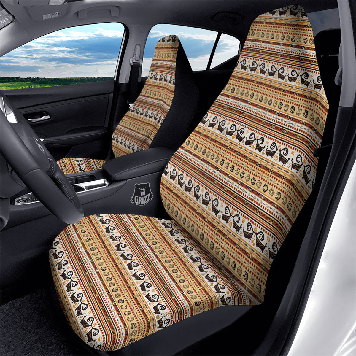 African Ethnic Brown Print Pattern Car Seat Covers-grizzshop