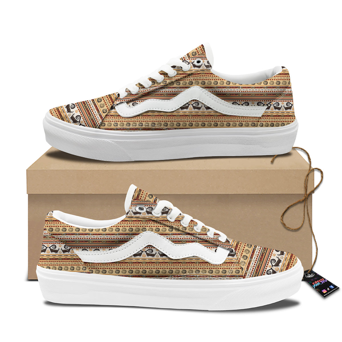 African Ethnic Brown Print Pattern Skate Shoes-grizzshop