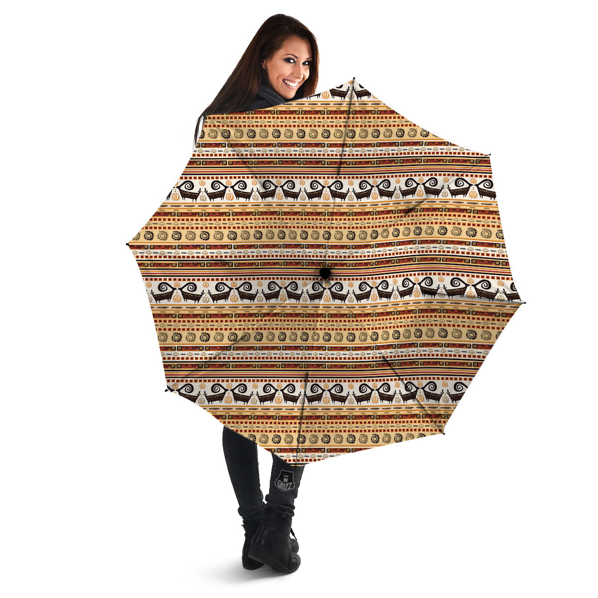African Ethnic Brown Print Pattern Umbrella-grizzshop