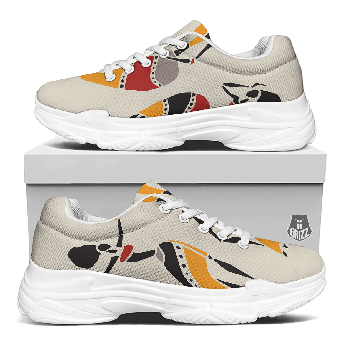 African Ethnic Girl Print White Chunky Shoes-grizzshop