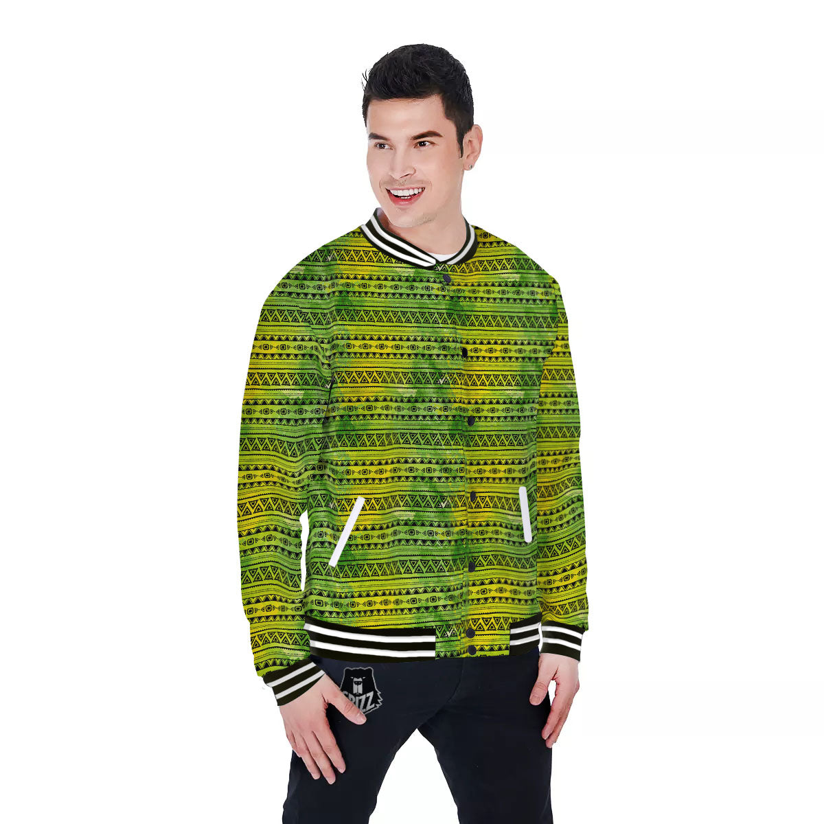 African Ethnic Green Print Baseball Jacket-grizzshop