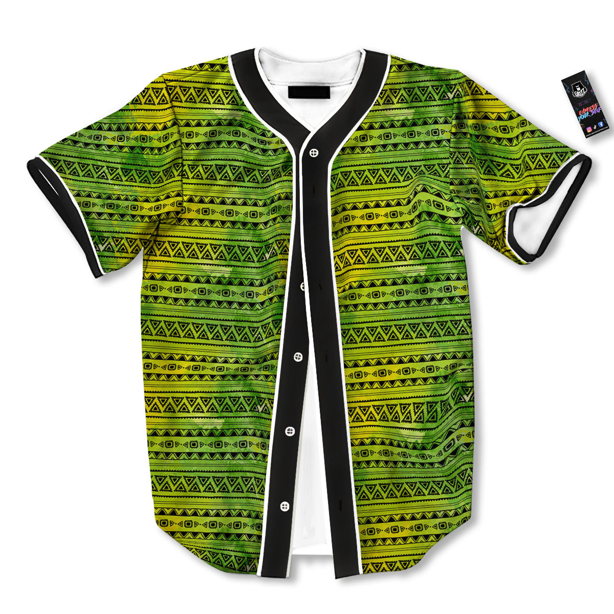 African Ethnic Green Print Baseball Jersey-grizzshop