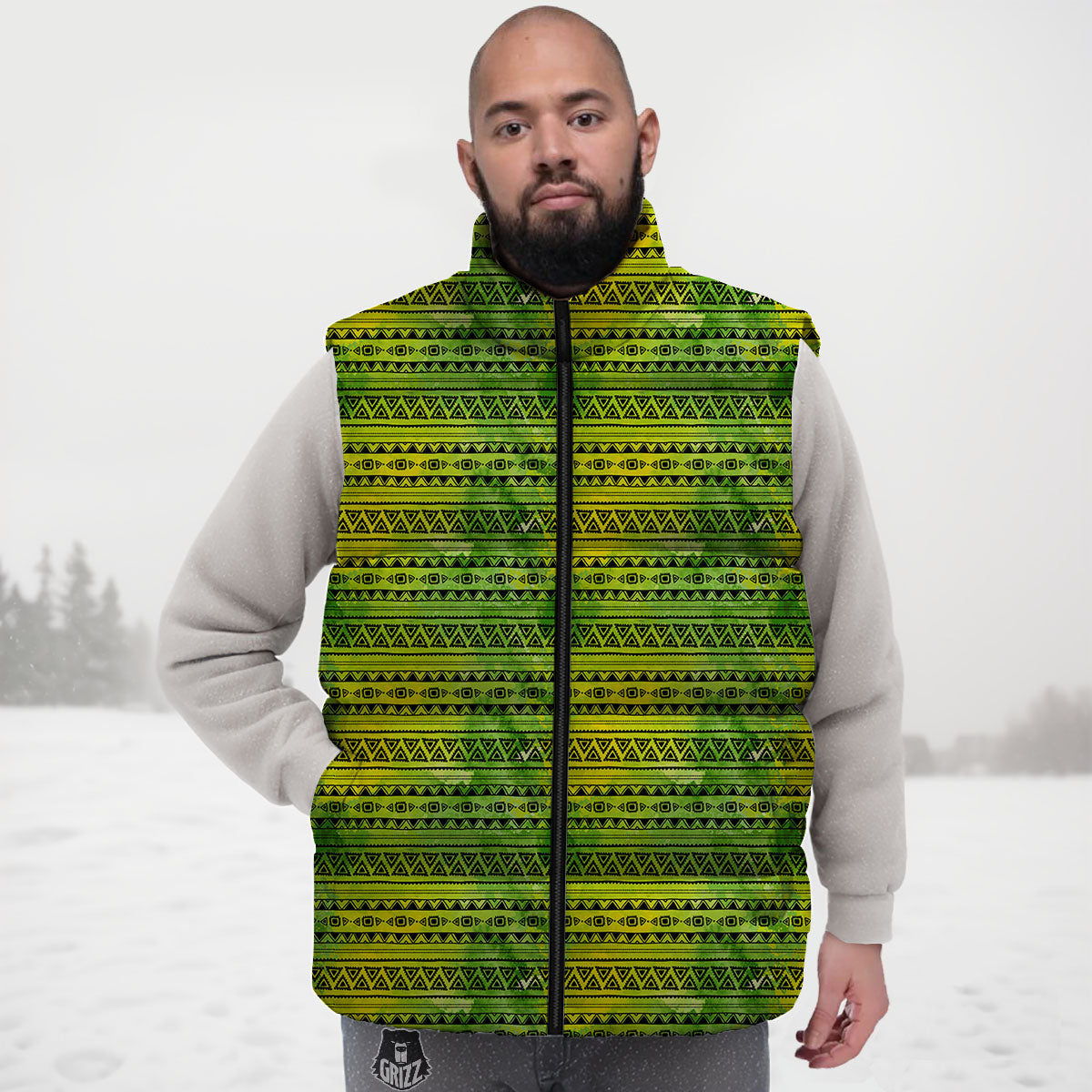 African Ethnic Green Print Down Vest