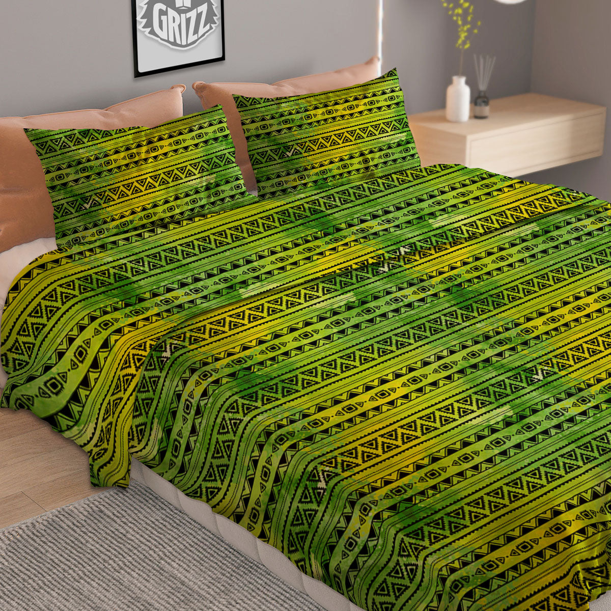 African Ethnic Green Print Duvet Cover Bedding Set