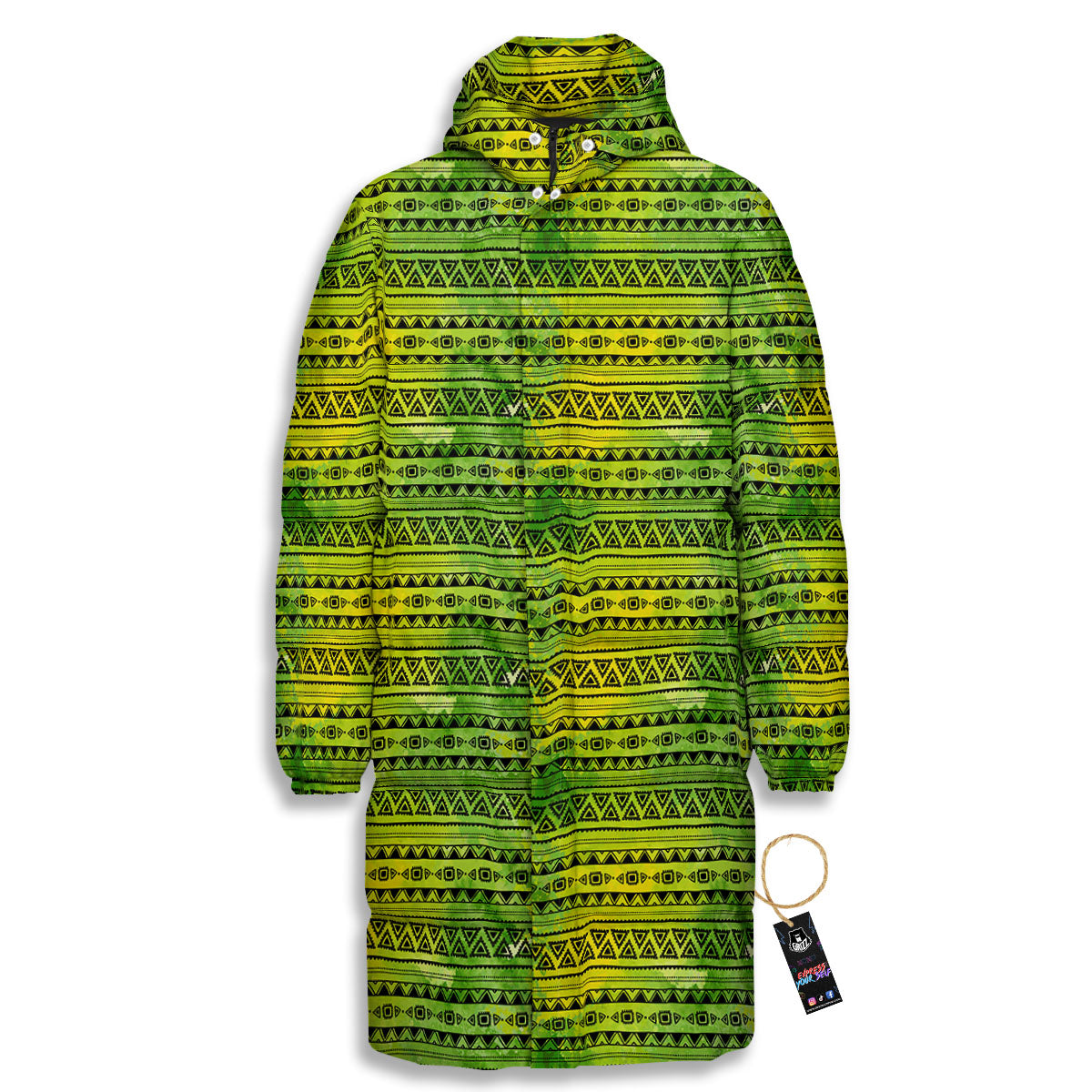African Ethnic Green Print Long Down Jacket-grizzshop