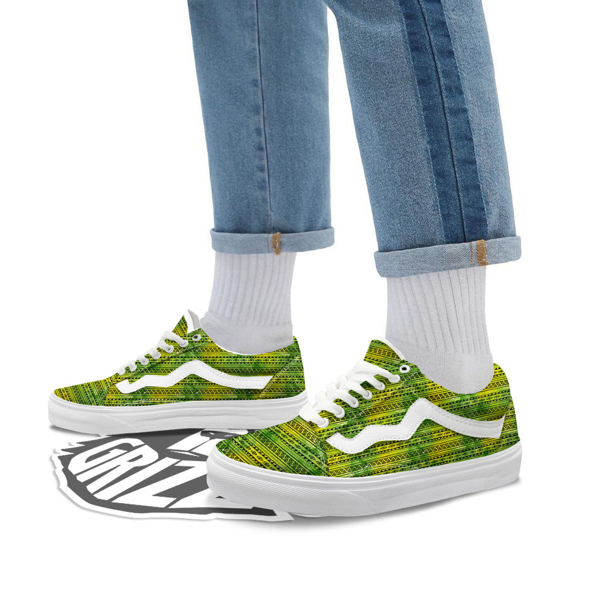 African Ethnic Green Print Skate Shoes-grizzshop