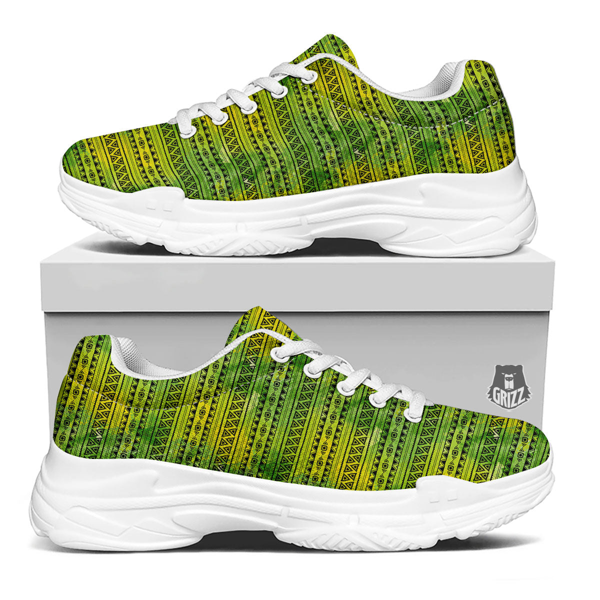 African Ethnic Green Print White Chunky Shoes-grizzshop