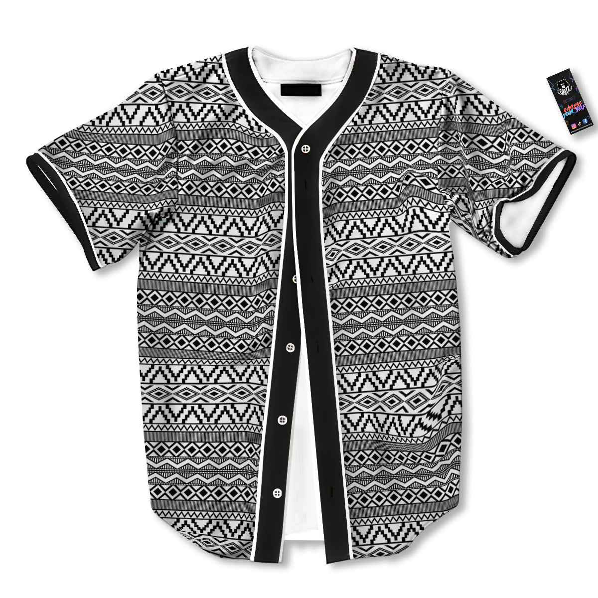 African Ethnic White And Black Print Baseball Jersey-grizzshop