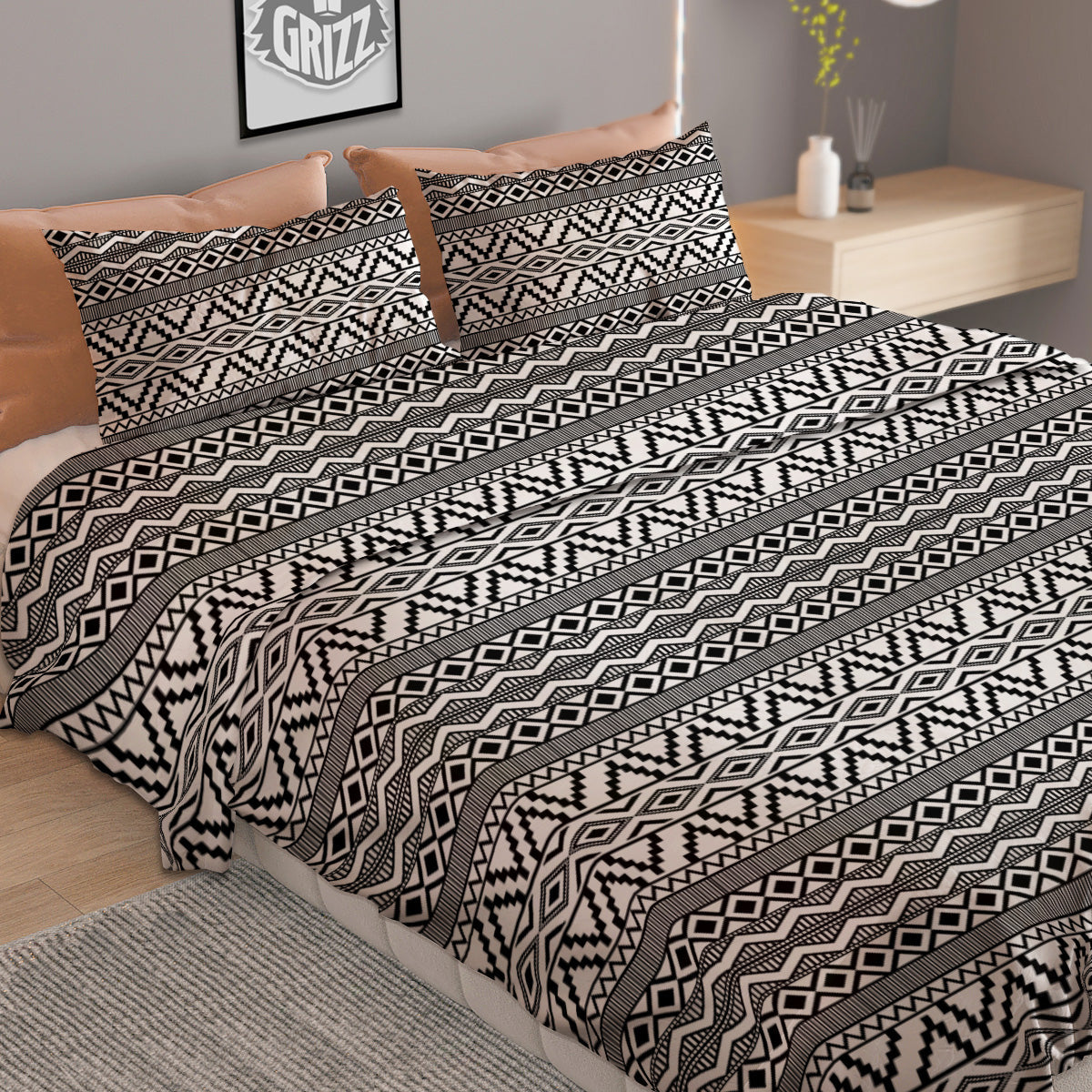 African Ethnic White And Black Print Duvet Cover Bedding Set