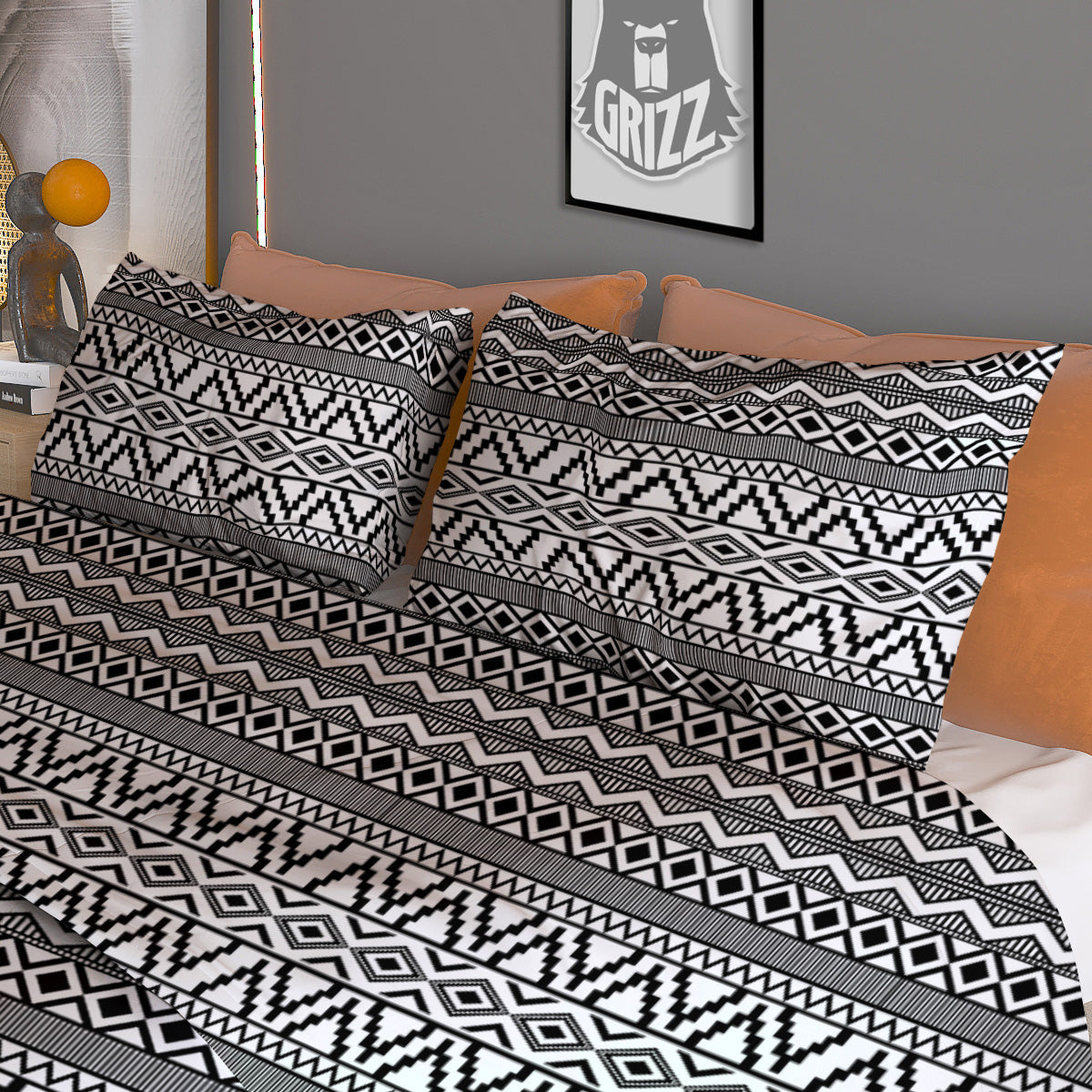 African Ethnic White And Black Print Duvet Cover Bedding Set