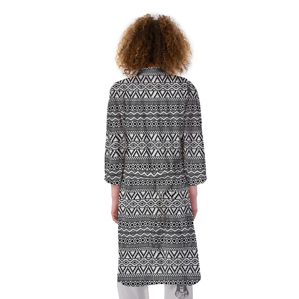 African Ethnic White And Black Print Kimono-grizzshop