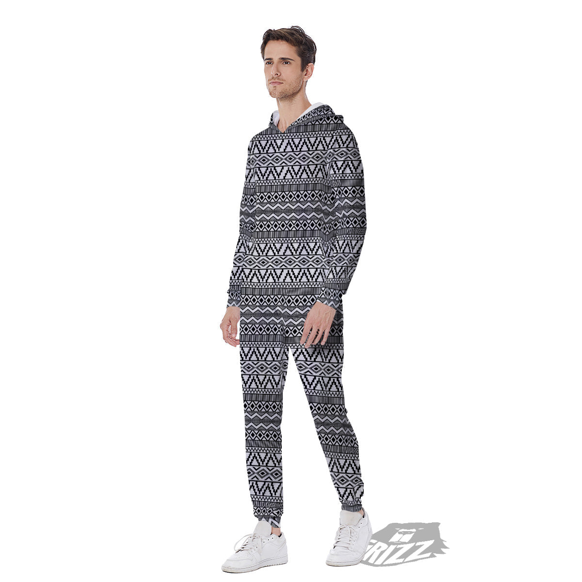 African Ethnic White And Black Print Men's Jumpsuit-grizzshop